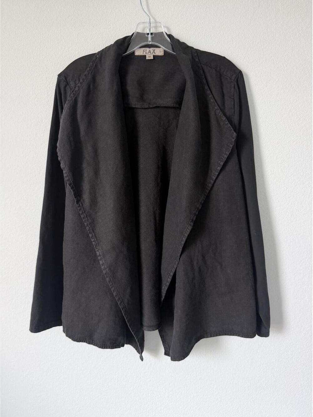 FLAX 100% Linen Cascading Lapel Open Front Long Sleeve Black Cardigan Size M